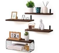 HNFNGSZL Set di 4+1 Mensole da Parete in Legno, Scaffali a Muro Multiuso, Staffe e Cestino in Metallo, Scaffalatura per Camera da Letto, Soggiorno, Cucina, Bagno, Libreria, Salvaspazio