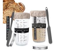 Hniuyun Confezione da 2 starter kit con termometro e raschietto, barattolo di vetro a bocca larga da 650 ml, accessori da forno riutilizzabili con copertura in tessuto e coperchio in metallo