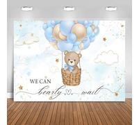 Hnmdmyi 1.5x1.2m Sfondo Baby Shower Non vediamo l'ora Orsetto blu Mongolfiera Sfondo fotografico Decorazioni per festa di benvenuto al neonato Banner Photo Booth Props