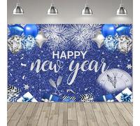 Hnmdmyi 1.5x1m Sfondo Felice Anno Nuovo Fuochi d'artificio Palloncini Champagne Countdown Clock Regali Glitter Blu Fotografia Sfondo Capodanno Decorazioni del partito Banner Photo Booth Props