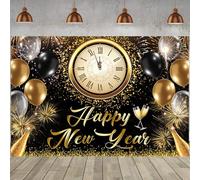 Hnmdmyi 1.5x1m Sfondo Felice Anno Nuovo Nero e oro Fuochi d'artificio Palloncini Champagne Countdown Clock Fotografia Sfondo Capodanno Decorazioni del partito Banner Photo Booth Props