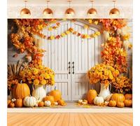 Hnmdmyi 1.8x1.2m Sfondo Autunno Zucca Foglie d'acero Floreale Rustico Barn Door Fotografia Sfondo di Compleanno Baby Shower Giorno del Ringraziamento Harvest Decorazioni del partito Photo Booth Props