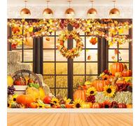 Hnmdmyi 1.8x1.2m Sfondo Autunno Zucca Foglie d'acero Girasole Pagliaio Finestra Fotografia di paesaggio Sfondo di Compleanno Baby Shower Ringraziamento Decorazioni del partito Banner Photo Booth Props