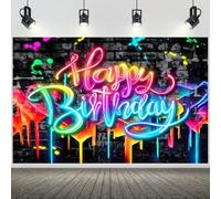 Hnmdmyi 1.8x1.2m Sfondo Buon Compleanno colorato Graffiti Splash Paint Neon Glow in The Dark Muro di mattoni Fotografia Sfondo per adulti Bambini Decorazioni Festa di compleanno Photo Booth Puntelli