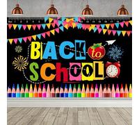 Hnmdmyi 2.1x1.5m Sfondo Back to School Lavagna nera Bandiere colorate Matite Sfondo fotografico Preschool Kindergarten Classroom Back to School Party Decorations Banner Photo Booth Props