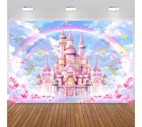 Hnmdmyi 2.1x1.5m Sfondo Castello blu cielo pastello arcobaleno rosa principessa castello oro farfalla fotografia sfondo dolce ragazze principessa compleanno decorazioni Banner Photo Booth Props