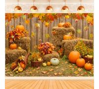 Hnmdmyi 2.4x1.8m Sfondo Autunno Zucca Foglie d'acero Pagliaio di legno Fienile Fotografia Sfondo di Compleanno Baby Shower Ringraziamento Harvest Decorazioni del partito Banner Photo Booth Props