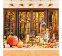 Hnmdmyi 2.7x1.8m Sfondo Autunno Finestra Foresta Foglie d'acero Zucca Raccolto Fotografia Sfondo di Compleanno Baby Shower Ringraziamento Decorazioni del partito Banner Photo Booth Props