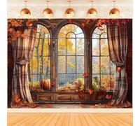 Hnmdmyi 2.7x1.8m Sfondo Autunno Finestra Paesaggio Foglie d'acero Zucca Fotografia di sfondo di Compleanno Baby Shower Ringraziamento Decorazioni del partito Banner Photo Booth Props