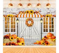 Hnmdmyi 2.7x1.8m Sfondo Autunno Zucca Girasole Rustico Barn Door Muro di mattoni Fotografia Sfondo Compleanno Baby Shower Giorno del Ringraziamento Harvest Decorazioni del partito Photo Booth Props