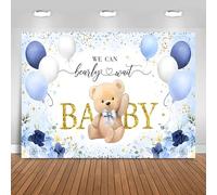 Hnmdmyi 2.7x1.8m Sfondo Baby Shower Non vediamo l'ora Orsacchiotto blu Palloncini a forma di fiore Sfondo fotografico Decorazioni per feste di benvenuto al neonato Banner Photo Booth Props