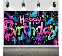 Hnmdmyi 2.7x1.8m Sfondo Buon Compleanno colorato Graffiti Splash Paint Neon Glow in The Dark Fotografia Sfondo per adulti Bambini Decorazioni Festa di compleanno Banner Photo Booth Props