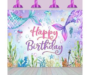 Hnmdmyi 2.7x1.8m Sfondo sirena sotto il Mare Blu Viola Code di Mermaid Buon Compleanno Carta da parati Fotografia Ragazza Principessa Sirena Decorazioni di compleanno Foto Booth Props