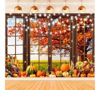 Hnmdmyi 3.6x3m Sfondo Autunno Finestra Paesaggio Maple Tree Autunno Zucca Mais Fotografia Sfondo Giorno del Ringraziamento Harvest Decorazioni del partito Banner Photo Booth Props
