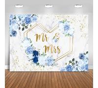 Hnmdmyi 3x2.4m Sfondo Mr & Mrs Fiori blu e bianchi Cuori Sfondo fotografico geometrico Doccia nuziale Sposa di essere Decorazioni per la festa di fidanzamento Banner Photo Booth Props