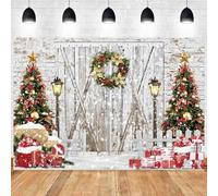 Hnmdmyi 3x2.4m Sfondo Natale Bianco Barn Door Muro di mattoni Fiocco di Neve Albero di Natale Regalo Fotografia Sfondo Famiglia Bambini Inverno Vacanza Capodanno Decorazioni del partito Banner