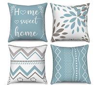 Hnmdmyi Copricuscino azzurro 40x40 Set di 4, Home Sweet Home floreale Boho geometrico decorativo coperture cuscino moderno Agriturismo lino copertura cuscino per divano letto esterno Home Decor