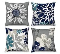 Hnmdmyi Copricuscino blu 50x50 Set di 4, blu navy e fiori grigi copricuscino decorativo moderno Daisy Farmhouse Boho Lino copricuscino per divano letto giardino esterno Home Decor