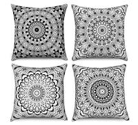 Hnmdmyi Copricuscino Boho 40x40 Set di 4, Nero Retro Floreale Mandala Bussola Medaglione Bohemian Decorativo Lino Copricuscini per divano letto giardino esterno Home Decor