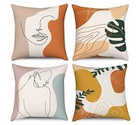 Hnmdmyi Copricuscino Boho 50x50 Set di 4, Astratto Minimalista Donna Viso Corpo Linea Foglia Pianta Copricuscini Decorativi Arte Moderna Estetica Lino Copricuscino per Divano Divano Home Decor