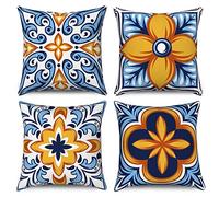 Hnmdmyi Copricuscino Boho 50x50 Set di 4, Blu e Arancione Mandala Geometrico Floreale Agriturismo Copricuscino decorativo in lino per Divano Letto Giardino Esterno Home Decor