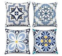 Hnmdmyi Copricuscino Boho 50x50 Set di 4, Blu e Giallo Retro Geometrico Mandala Floreale Decorativo Copricuscini Quadrato Lino Copricuscino per Divano Letto Giardino Esterno Home Decor