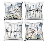 Hnmdmyi Copricuscino Fiori 40x40 Set di 4, Acquerello Vintage Blu Fiore Pianta Home Sweet Home Copricuscini decorativi Estetica Arte Lino Federa per Divano Letto Giardino Esterno Home Decor