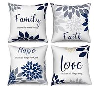 Hnmdmyi Copricuscino Fiori 45x45 Set di 4, Blu Navy Grigio Dahlia Fiore Famiglia Fede Speranza Amore Parole Copricuscino decorativo Lino Copricuscino per divano letto giardino esterno Home Decor