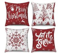 Hnmdmyi Copricuscino Natale 45x45 Set di 4, Albero di Natale felice Fiocco di neve Fattoria Vacanze Invernali Copricuscino decorativo Rosso Lino Federa per Divano Letto Giardino Esterno Home Decor