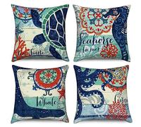 Hnmdmyi Copricuscino Nautico 45x45 Set di 4, Costa Mediterranea Spiaggia Tartaruga Marina Cavallo di mare Balena Polpo Copricuscino Decorativo Oceano Lino Cuscino per Divano Letto Esterno Home Decor