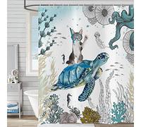 Hnmdmyi Tenda da doccia divertente 180x200, Gatto carino che cavalca la tartaruga di mare Tenda da bagno dell'oceano paesaggio subacqueo barriera corallina animale marino bambini Tenda da bagno