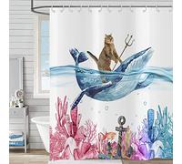 Hnmdmyi Tenda da doccia divertente gatto 150x180, carino gattino a cavallo balena tende da doccia oceano corallo alghe pesce tropicale bambini tenda vasca tessuto impermeabile tenda da bagno
