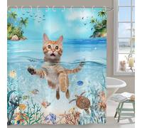 Hnmdmyi Tenda da doccia Gatto divertente 90x180, Gattino carino che nuota nell'oceano blu Tartaruga marina Pesce tropicale Stella marina Corallo Bambini Poliestere impermeabile Tessuto Tenda da bagno