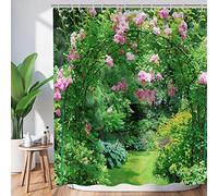 Hnmdmyi Tenda da doccia giardino 90x180, 3D floreale tende da doccia verde foglie rosa fiore italiano giardino paesaggio naturale tenda da bagno impermeabile poliestere tessuto tenda da bagno