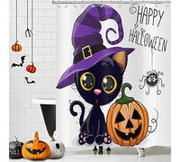 Hnmdmyi Tenda da doccia Halloween 165x180, divertente gatto nero strega cappello ragno fantasma zucca bambini vacanza tenda da bagno impermeabile poliestere tessuto lavabile tenda da bagno con ganci