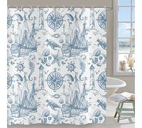 Hnmdmyi Tenda da doccia nautica 180x180, Tende da doccia costiere blu navy Faro Barca a vela Bussola Stella marina Spiaggia Tenda da bagno impermeabile in tessuto poliestere lavabile Tenda da bagno