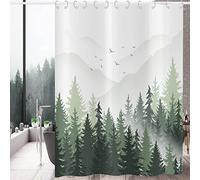 Hnmdmyi Tenda da doccia verde 180x200, foresta nebbiosa montagna natura albero pianta bosco decorativo tenda da bagno impermeabile poliestere tessuto lavabile tenda da bagno per il bagno con ganci