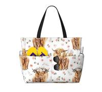 Hnnkloy Mucca scozzese delle Highlands rosa primaverile floreale,Borsa da spiaggia di grande capacità, borsa da viaggio a tracolla per donna, borsa a mano impermeabile