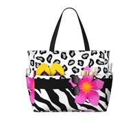 Hnnkloy Pelle di zebra e ghepardo in bianco e nero e fiore rosa,Borsa da spiaggia di grande capacità, borsa da viaggio a tracolla per donna, borsa a mano impermeabile