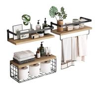 Hnonoxy Mensole sospese da parete, 3 + 1 pezzo, mensole da parete con cestello metallico, in legno, set da 2 con porta asciugamani, scaffali in legno per camera da letto, bagno, soggiorno, cucina
