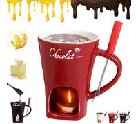HNTKGME Tazza per Fonduta di Cioccolato, Set Fonduta Cioccolato con Forchetta E Candela Tealight, Tazza per Cioccolata Calda, Mini Kit Fonduta Cioccolato Multifunzionale in Ceramica (Red)