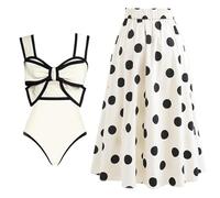 HNULGVI Costume da Bagno Intero Costume da Bagno Intero retrò Bianco Nero con Papillon Donna Gonna Sexy Spiaggia Abbigliamento(WD1237W2,Beige-S)