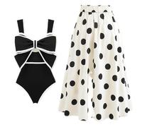 HNULGVI Costume da Bagno Intero Costume da Bagno Intero retrò Bianco Nero con Papillon Donna Gonna Sexy Spiaggia Abbigliamento(WD1237D2,Beige-S)