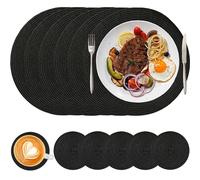 HNVNER Set di 6 Tovagliette Lavabili Rotonde e 6 Sottobicchieri, Tovagliette Colazione Plastica Resistenti al Calore Tovaglietta, Nero