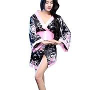 HNYBD Kimono giapponese da donna, sexy, tradizionale, vestaglia, lingerie Yukata, costumi da pigiama, Nero e rosa, Etichettalia unica