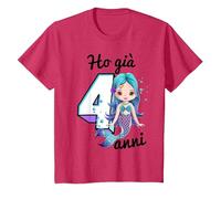 Ho 4 Anni Quarto Compleanno Sirena Bambina Maglietta, Bambini, Rosso mélange, 10 Anni
