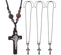 HOBBIESAY 4 collane con ciondolo a forma di croce in legno, regolabile, in corda nera, occhio di tigre naturale, collana con perline rotonde da 81 cm, per battesimo, cresima, Pasqua