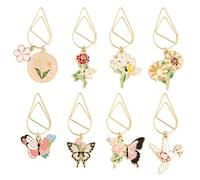 HOBBIESAY 8 pezzi fermacarte in metallo con fiori smaltati e farfalle ciondolo per ufficio, regalo per gli amanti dei libri, segnalibri, morsetti, cancelleria, scuola