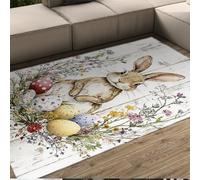 HOBBOY Tappeti da cucina Spring Bunny 210 x 240 cm - Coniglio allegro & uova maculate & bouquet floreali tappeto per il soggiorno Arredamento delle festività pasquali