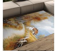HOBBOY Tappeto in stile impressionista 140 x 180 cm Scena pastorale autunnale Casa rustica e betulle Stampa Tappeto sottile per la casa colonica Soggiorno Camera da letto